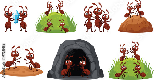 Cute ants cartoon collection with colony scenes, funny insect characters in teamwork activities, anthill and nature environment illustration for kids education and wildlife themes