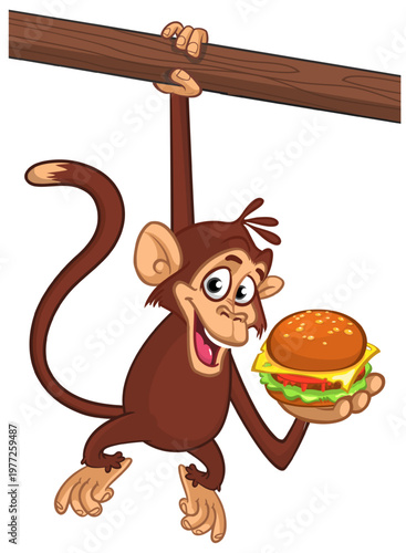 Cartoon funny monkey chimpanzee holding hamburger or cheeseburger in his hands. Vector illustration of happy monkey character design isolated.