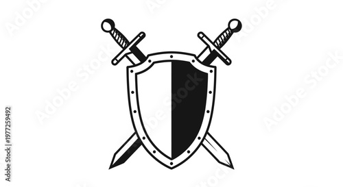 Black and White Shield with Crossed Swords Heraldic Emblem