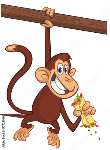 Cartoon funny brown monkey chimpanzee burrito or wrap. Vector illustration isolated on white