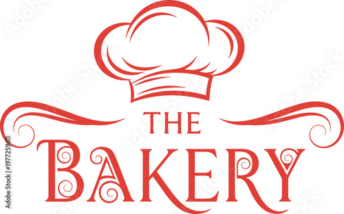 The Bakery Logo with Chef Hat and Ornamental Typography Elegant Red Vector Design for Pastry Shop Branding, Cafe Identity, and Artisan Baking Business