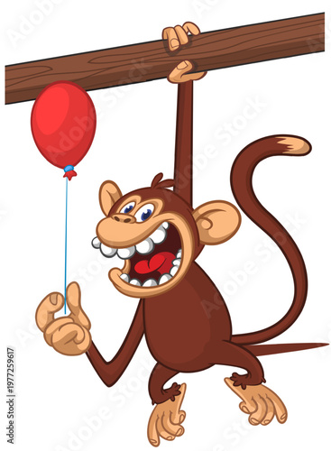Cartoon funny brown monkey chimpanzee holding red balloon. Vector illustration isolated on white