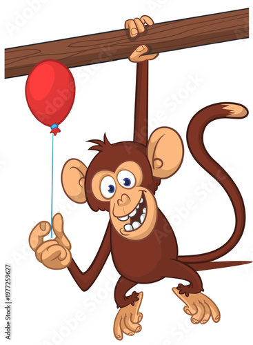 Cartoon funny brown monkey chimpanzee holding red balloon. Vector illustration isolated on white