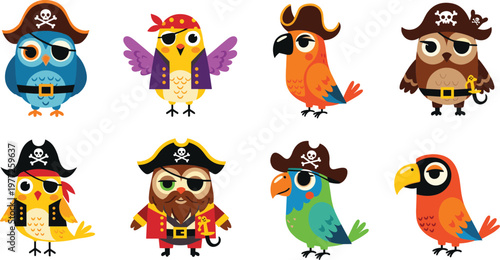 Cute pirate birds cartoon set with parrots and owls, colorful animal characters wearing pirate hats and costumes, fun illustration for kids design, adventure and fantasy themes