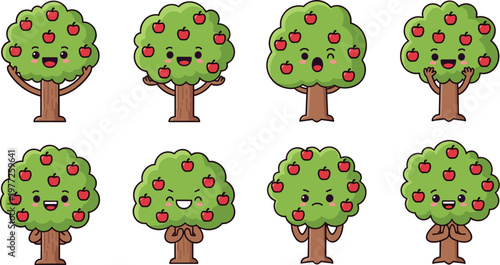 Cute apple trees collection with smiling faces and red fruits in flat vector style, cartoon orchard elements isolated on white background for kids design