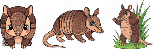 Cute armadillo cartoon character set with different poses, detailed brown armored animal illustration, wildlife mammal design for kids, nature themes, educational and nursery graphics