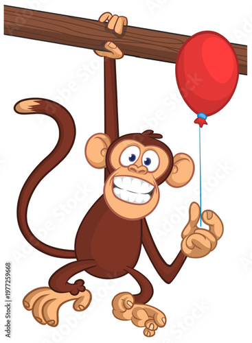 Cartoon funny brown monkey chimpanzee holding red balloon. Vector illustration isolated on white