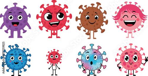 Cute cartoon virus characters set with funny expressions, colorful germ mascots illustration for kids, microbiology concept design, healthcare education and playful medical theme