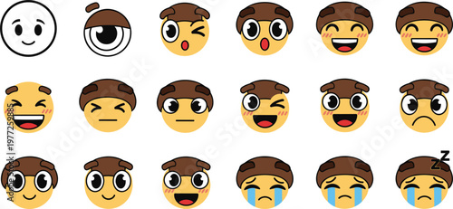 Cute boy emoji faces set with different emotions, cartoon character expressions including happy, sad, laughing, sleepy and winking, fun icons for chat, messaging and social media design