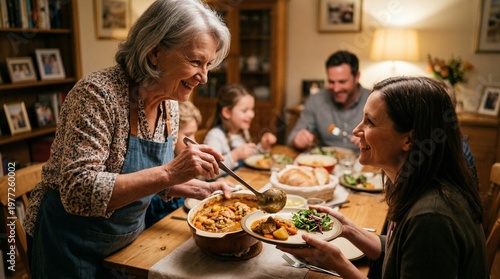 Smiling grandmother serving hot meat and vegetable stew for daughter during family dinner party. Multigenerational family gathering at home table with organic homemade delicious food.