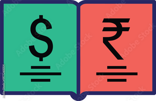 Currency Exchange Icon with Dollar and Rupee Symbols in Split Book Style Vector Illustration for Finance, Banking, Money Conversion, and Global Economy Design