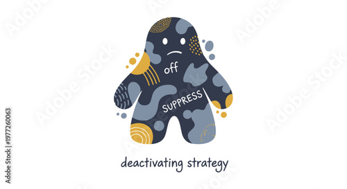 Cute cartoon monster, deactivating strategy concept, suppress emotions, mental health vector icon