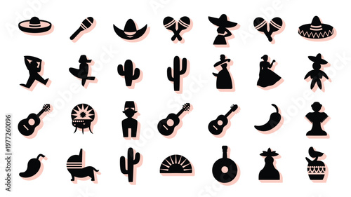 Modern vector illustration showcasing vibrant flat design icons of mexican culture including sombreros maracas cacti guitars and traditional figures in black silhouettes