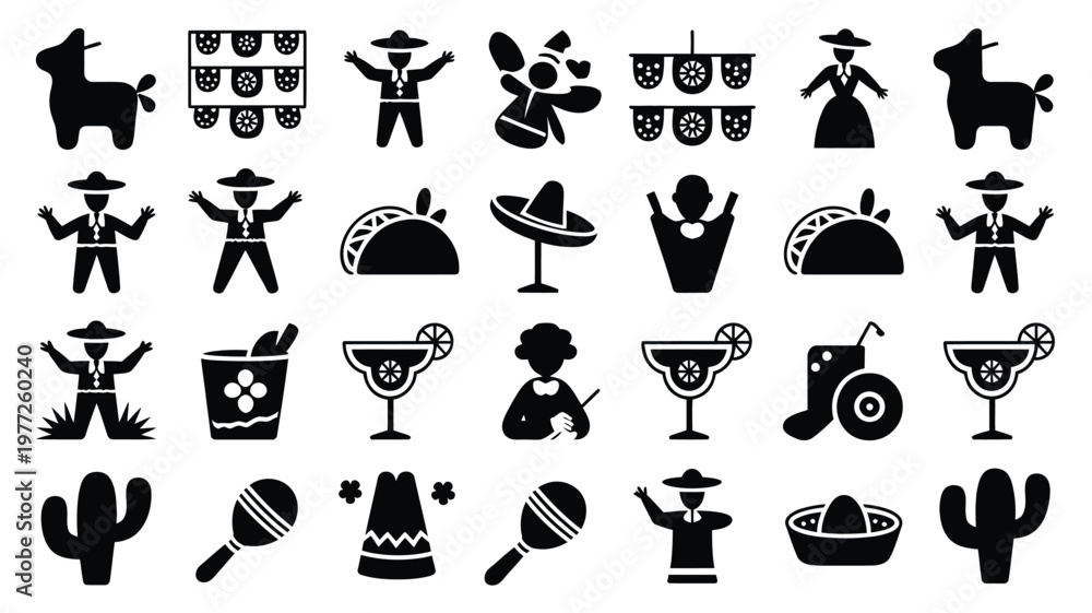 Obraz premium Vibrant modern vector illustration featuring festive icons including sombreros piatas tacos margaritas cacti and maracas celebrating mexican culture