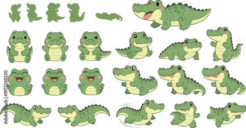 Cute crocodile cartoon characters set, adorable green alligator poses and expressions collection, funny reptile illustrations for kids design, nursery art and wildlife themes