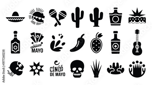Black silhouette icons of cinco de mayo themes including maracas cacti tequila guitars and festive symbols for celebrations