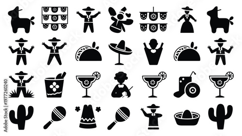 Vibrant modern vector illustration featuring festive icons including sombreros piatas tacos margaritas cacti and maracas celebrating mexican culture
