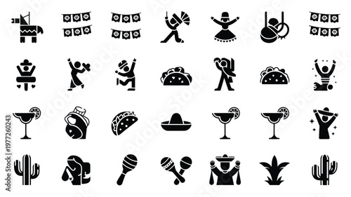 Collection of black and white vector icons celebrating mexican culture featuring tacos margaritas cacti maracas and festive silhouettes for fiesta themed designs