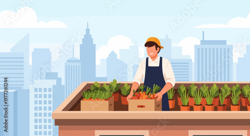 Farmer Tending Plants on Rooftop Garden.