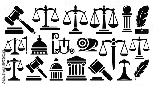 Monochrome silhouette icons of justice scales gavel feather pen and legal symbols isolated on white background for law and justice concepts