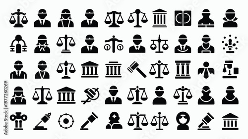 Monochrome legal icons featuring judges scales of justice courthouse symbols and law enforcement figures in a flat design style