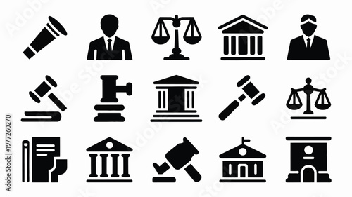 Professional legal icon set in bold black and white design featuring judges lawyers courthouses gavels scales of justice and legal documents