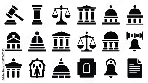 Black solid silhouette icons representing justice law government and legal concepts with buildings symbols and scales