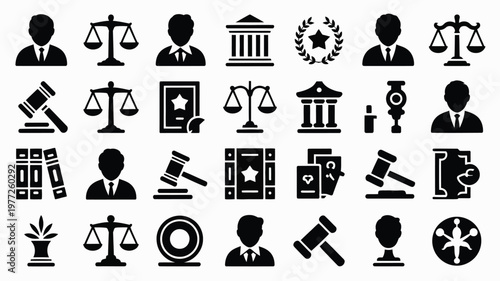 Monochrome flat icons depicting legal justice and law themes with symbols for scales gavel judges and court buildings