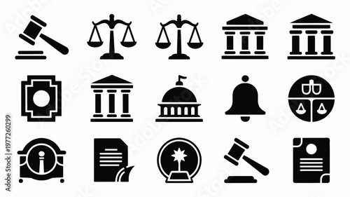 Black solid silhouette icons representing law justice and courts with gavel scales and building symbols