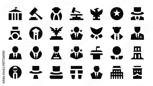 Black vector icons of government law and politics featuring symbols for justice courts authority and leadership