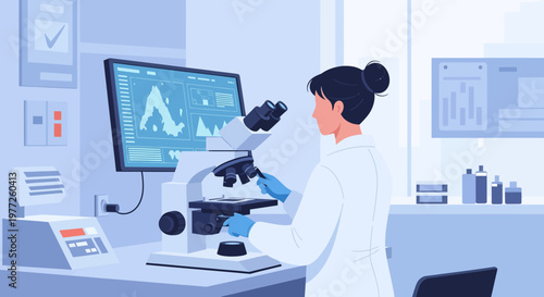 Female Scientist Using Microscope in Laboratory.