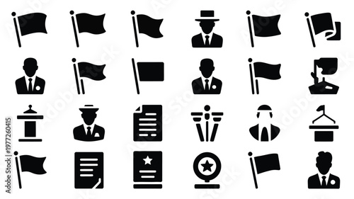 Political and governmental stencil style silhouette icons with flags leaders and symbols in minimalist black and white design