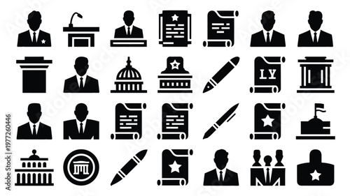 Black and white icon collection featuring politicians leaders and legal symbols for government and law themes