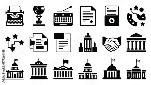 Black and white silhouette icons of government buildings documents and office tools for official and legal concepts