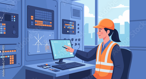 Female Engineer Working on Computer in Control Room.