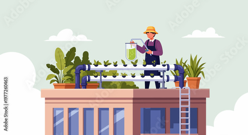 Gardener watering plants on rooftop garden.
