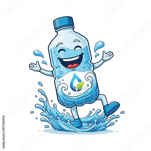 Happy Water Bottle Mascot Splashing Water