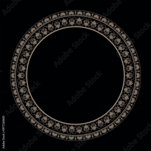 
Classic gold circular frame with an intricate Greek-inspired palmette ornament on black background. Exquisite border design. For elegant decor, plate, embroidery, porcelain, Mediterranean ceramic