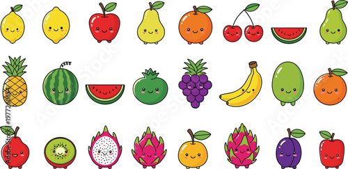 Cute fruit characters collection with smiling faces including apple banana watermelon pineapple and more in flat vector style, kawaii food icons isolated on white background