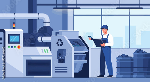 Industrial Worker Operating Recycling Machinery.