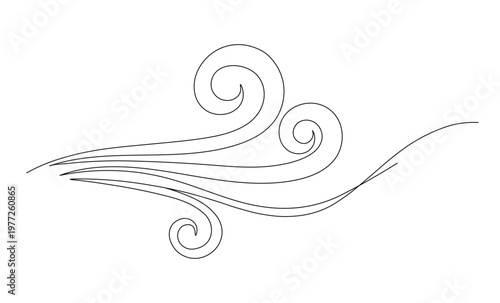 Continuous single line drawing of swirling gust of wind as abstract weather element for climate graphics
