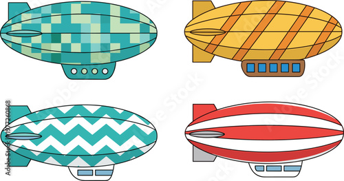 Airship Blimp Illustration Set with Colorful Patterned Zeppelin Designs for Aviation Travel Advertising and Flying Balloon Transport Collection