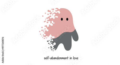 Vector illustration, self-abandonment in love, emotional state, pink and gray abstract character, mental health concept