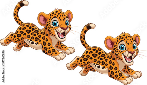 Cute leopard cub characters in playful poses in flat vector style, adorable wild animal illustrations isolated on white background for kids and wildlife design