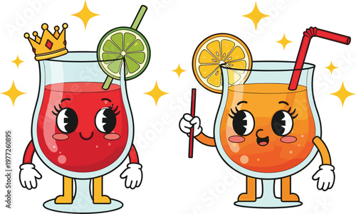 Cute juice characters with crown and fruit slices in flat vector style, funny drink mascots with orange and berry beverages isolated on white background for kids design