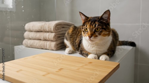 Calico Cat Lying Down Next to Stacked Towels in a Bathroom