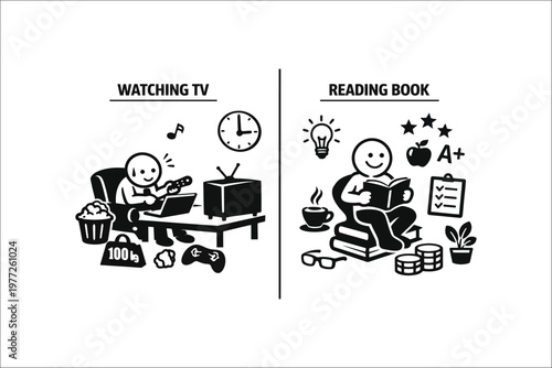 Watching TV vs Reading Book Education vs Entertainment Concept Illustration