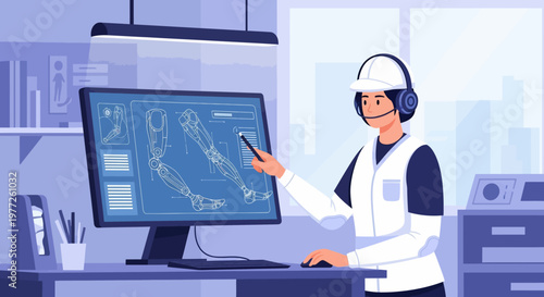 Man Wearing VR Headset Using Computer.