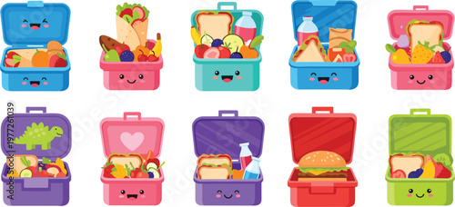 Cute lunchbox collection with smiling faces filled with sandwiches fruits snacks and drinks in flat vector style, kawaii food containers isolated on white background