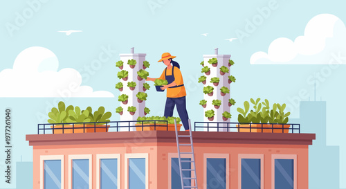 Man Tending Rooftop Garden Plants.